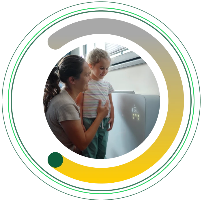 A parent shows a child a smart home control device, framed within the asme brand semi circle.