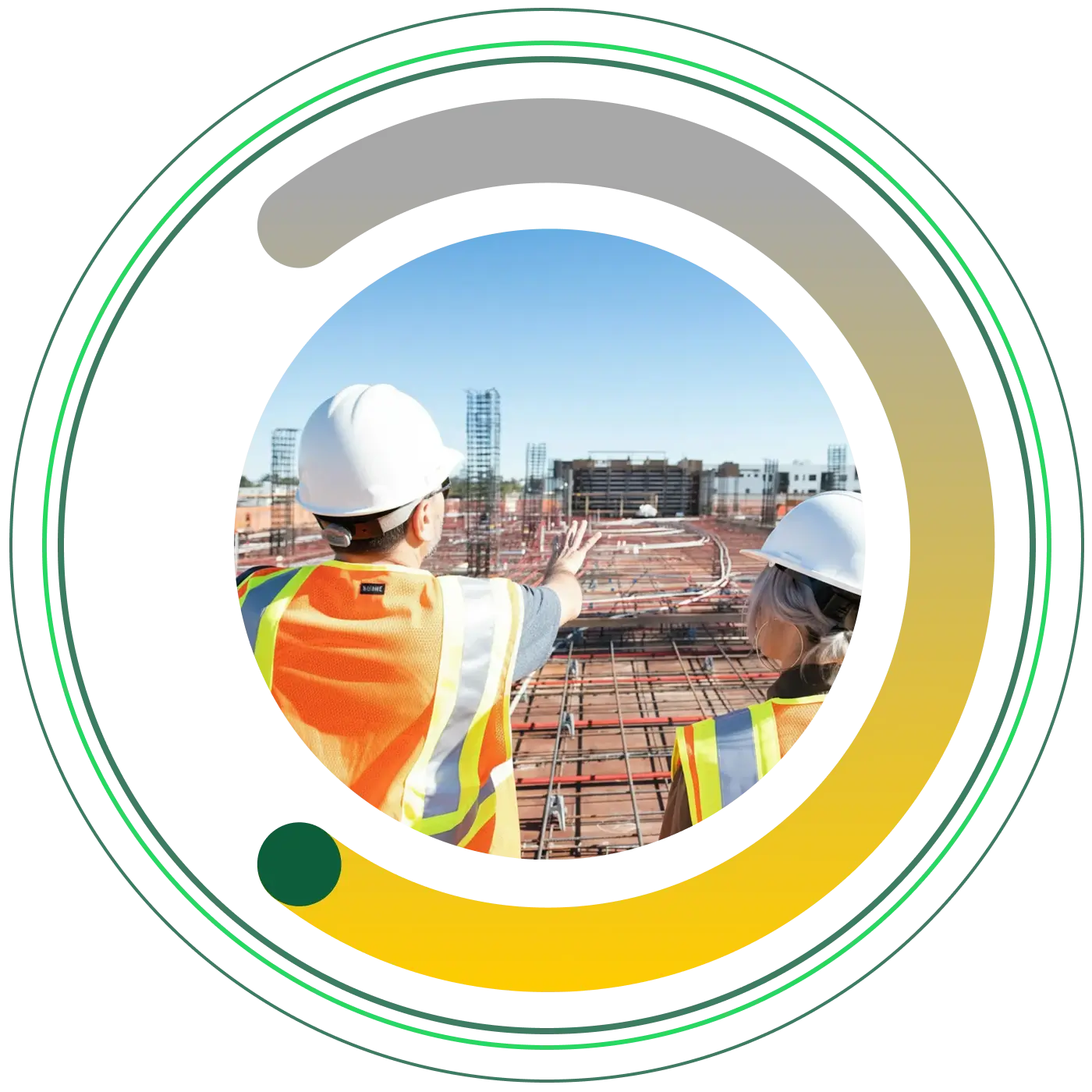 Two people with hard hats looking out at a construction site, within the asme brand semi circle in yellows and greens.