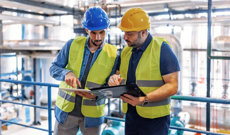 2 engineers in hard hats and yellow high vis vests, discussing the project together, on site.