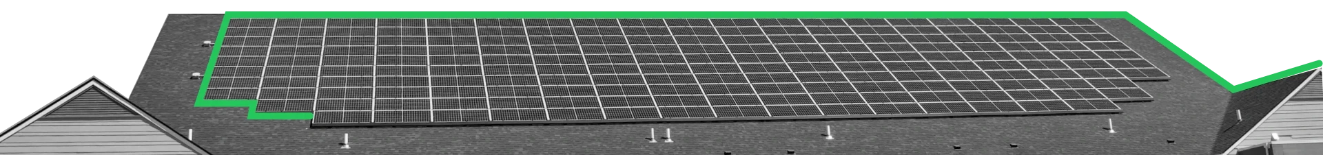 A black and white image cutout of a large industrial solar roof, with asme brand bright green details added.