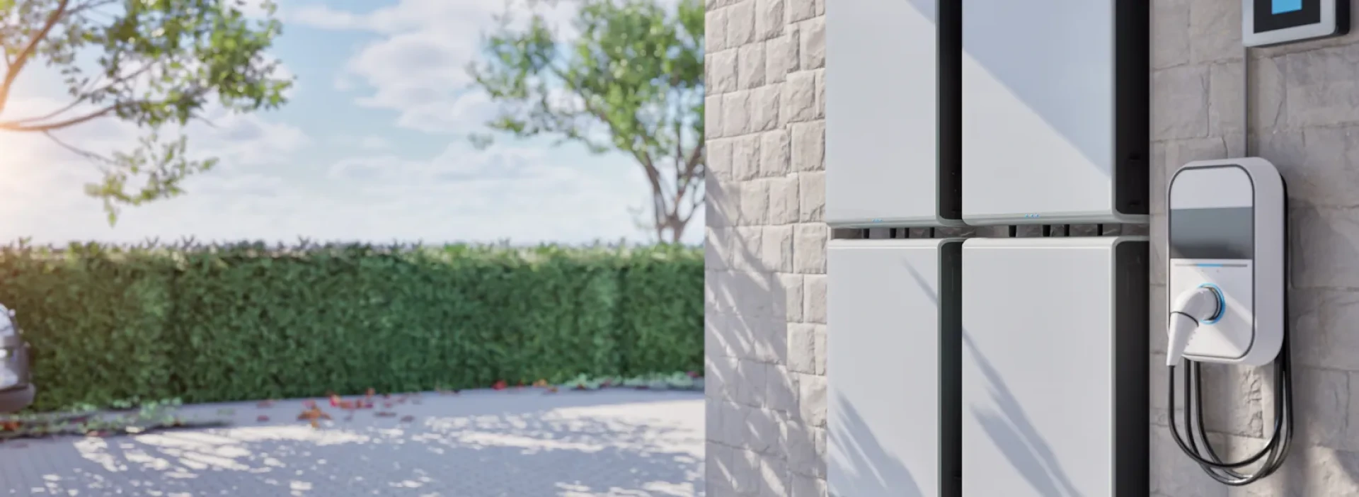 Battery energy storage system with ev charger for residential use on the side of a house.